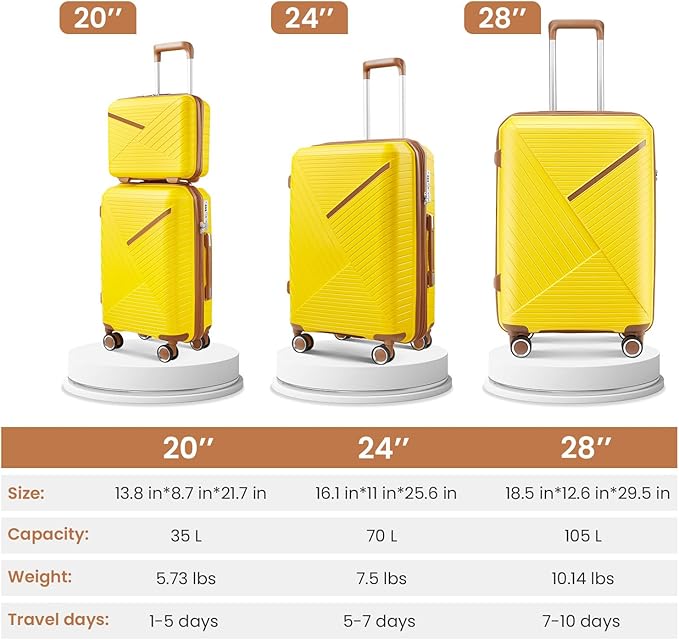 Campfun Luggage Sets 4 Piece, Expandable Carry On Luggage Set Hardshell PP, Suitcase Set with Double Spinner Wheels, Checked Durable Lightweight with TSA Lock, 14/20/24/28in, Yellow Brown(B)