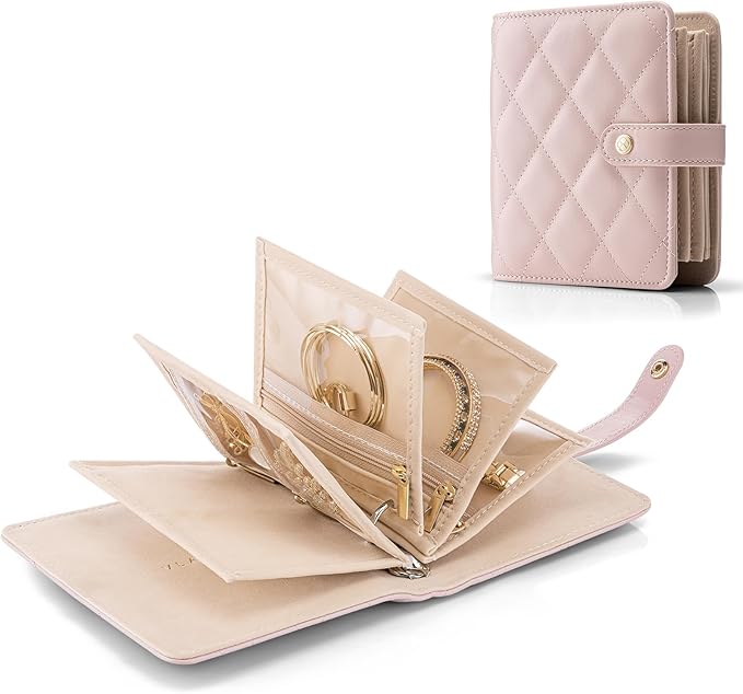 Vlando Travel Jewelry Organizer Case,Gifts for Women,Portable Jewelry Storage Book Ring Binder with Clear Zipper Velvet Pouch Bag for Traveling,Rings,Necklace,Earrings,Bracelets,Brooches-Sand Pink