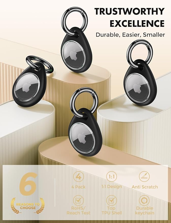 UNBREAKcable Holder for Apple AirTag [Fit Tightly Design] [Easy to Install] [Hold Air Tag Securely] Waterproof TPU Shell Case with All Metal Keychain Key Ring Clip, 4 Pack, Black