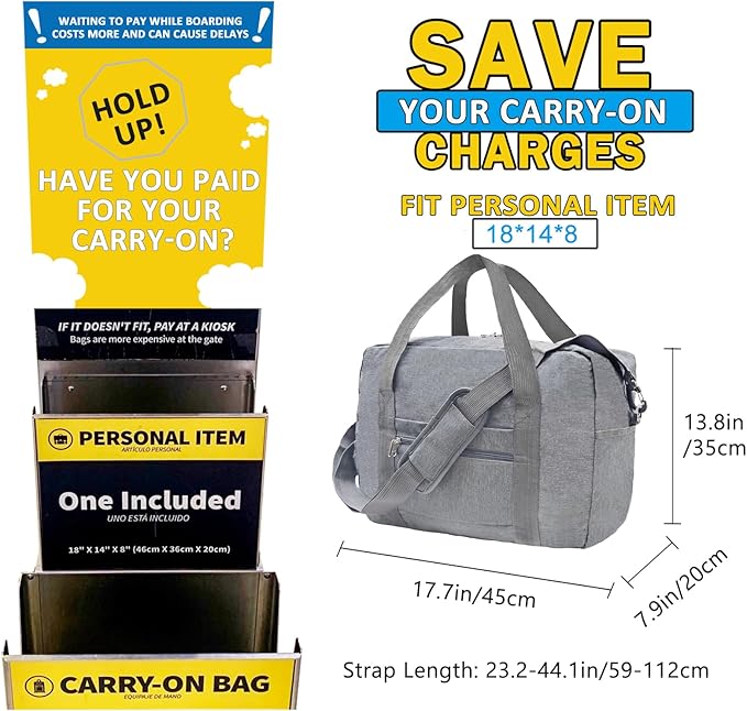 For Spirit Airlines Personal Item Bag 18x14x8 in Underseat Carry-on Luggage foldable Travel Duffle Bag for Airplanes(30L, Dark Grey)