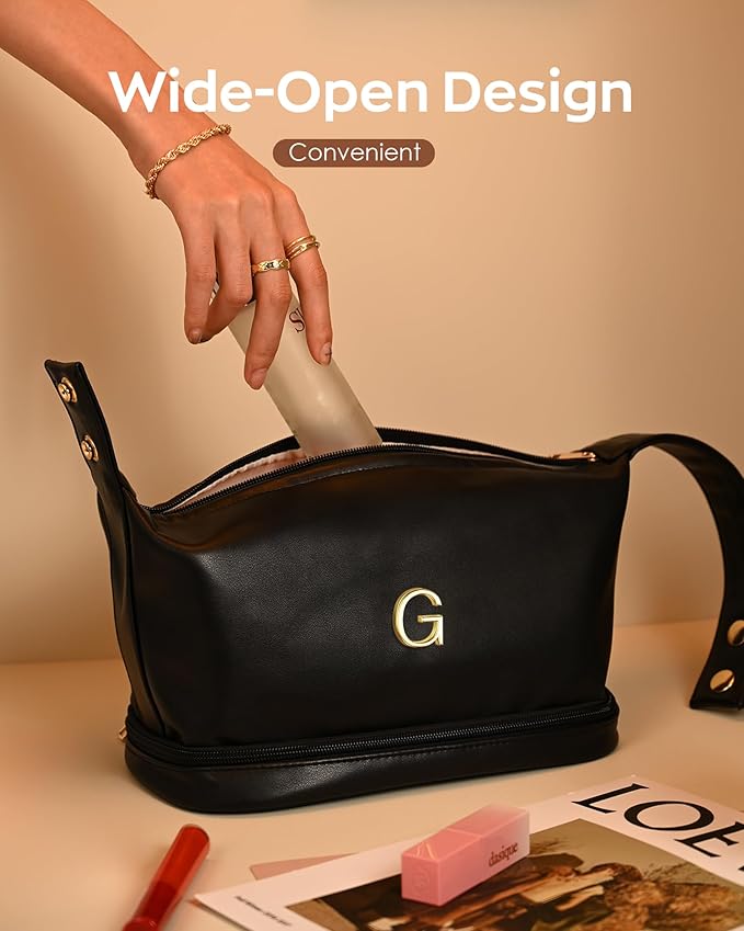 Graduation Gifts for Her, Personalized Makeup Bag with Handle, Initial Double Layer Cosmetic Bag with Makeup Brush Organizer, PU Leather Travel Toiletry Bag, Gifts for Friends Female Mom
