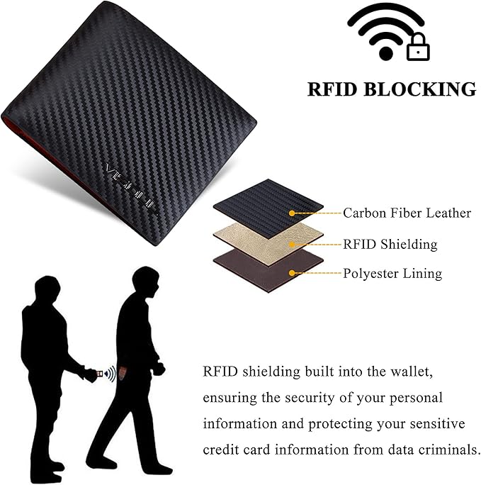 VISOUL Mens Bifold Wallet with 2 ID Windows Carbon Fiber Leather, RFID Blocking Secure Designer Billfold Wallets for Men with Two Cash Compartments (Black+Orange Red)