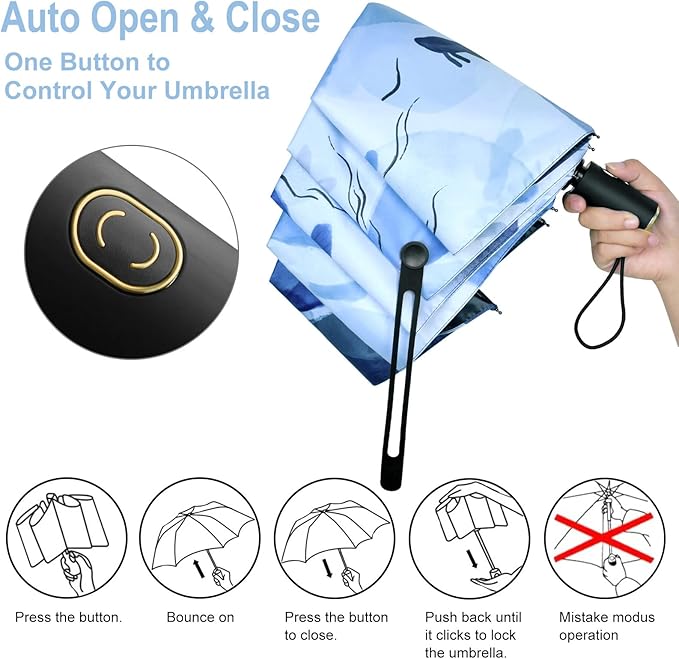 Cuby UV Sun Umbrella Compact Folding Travel Umbrella Auto Open and Close for Windproof, Rainproof & 99.9% UV Protection Parasol with Black Anti-UV Coating (Blue Whale)