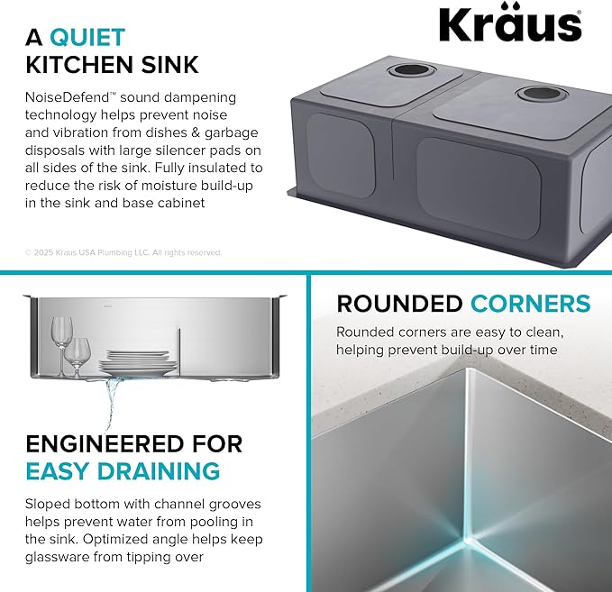 Kraus Kitchen Sinks Undermount - 32 Inch Stainless Steel Kitchen Sink, 60/40 Double Bowl, 16 Gauge, Model KHU103-32