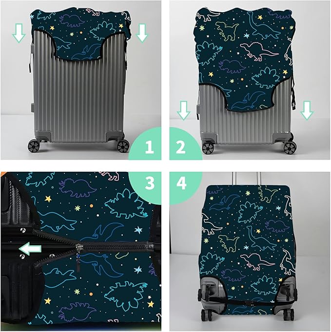 Luggage Cover Suitcase Protector Plus 1 Tag, Dinosaurs Space Travel Suitcase Cover for 18-20 inch Luggage (S) with Concealed Zipper Washable Elastic Cloth Dustproof Anti-Scratch