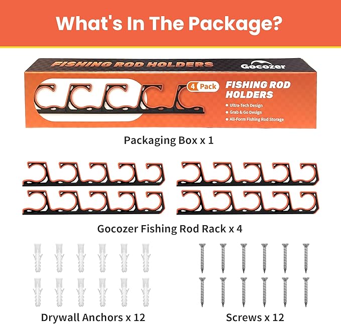 Fishing Rod Holder for Garage, H5 Wall or Ceiling Mounted Fishing Pole Holders with Soft Protective Pad, Fishing Rod Storage Organizer, Horizontal Fishing Rod Wall Mount Nets Storage (4 PACK)