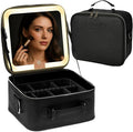 Makeup Bag with LED Mirror, PU Leather Makeup Case - 3 Adjustable Brightness Levels, Lighted Cosmetic Case with Mirror, Dividers - Make Up Portable Storage Travel Organizer with Handle