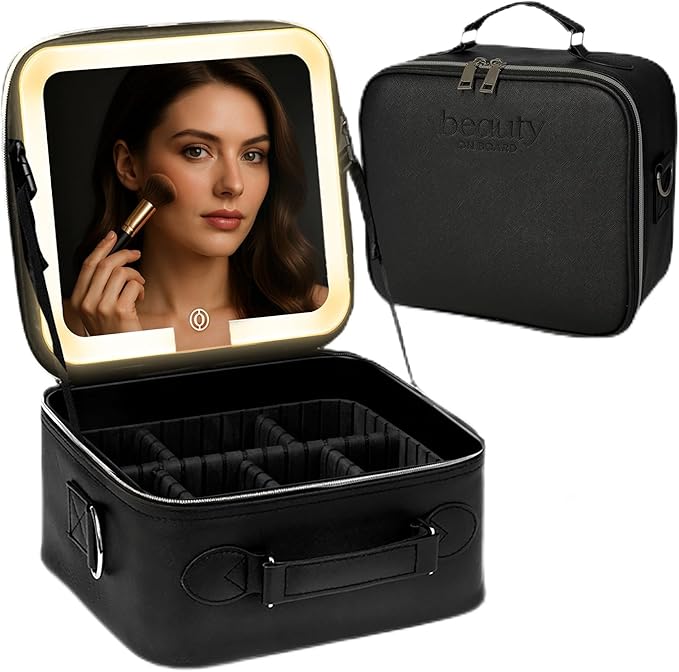 Makeup Bag with LED Mirror, PU Leather Makeup Case - 3 Adjustable Brightness Levels, Lighted Cosmetic Case with Mirror, Dividers - Make Up Portable Storage Travel Organizer with Handle