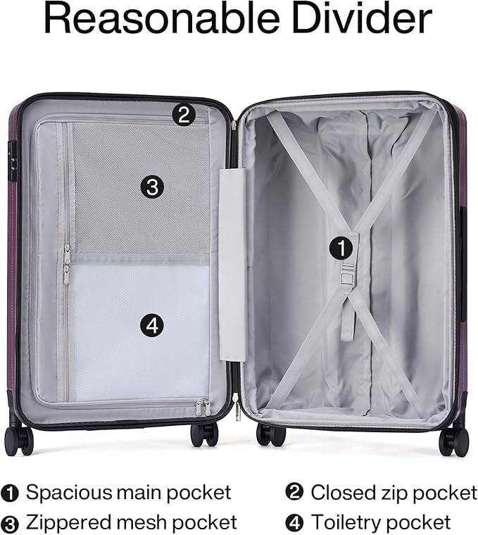 Hanke 29 Inch Expandable Checked Luggage Lightweight PC Hard Shell Luggage Suitcases with Wheels Tsa Luggage Rolling Large Suitcase Travel Luggage Bag for Study Abroad(Purple)
