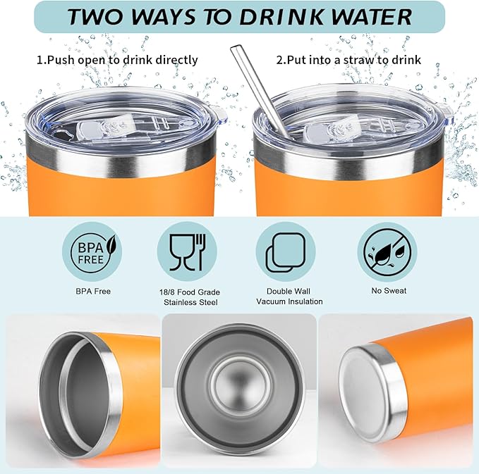 20oz Tumbler with Straw and Brush, Stainless Steel Vacuum Insulated tumbler, Double Wall Insulated Coffee Tumbler for Outdoor, Home, Travel,Office (Orange,4pcs)