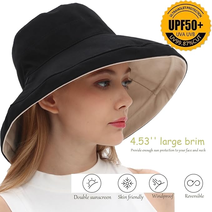 vidsel Womens Sun Hats Wide Brim Reversible Bucket Cotton Hat Packable Summer Travel Cap with Hat Clip,UV Protection
