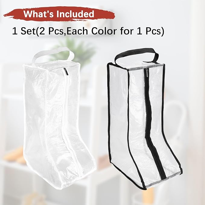 Boot Storage Bags [2PCS] - Plastic Tall Boot Carry Bags Clear Shoe Bags with Handle for Travel & Daily Use - [White, Black] Waterproof & DustProof Boot Bags for Cowboy Boots