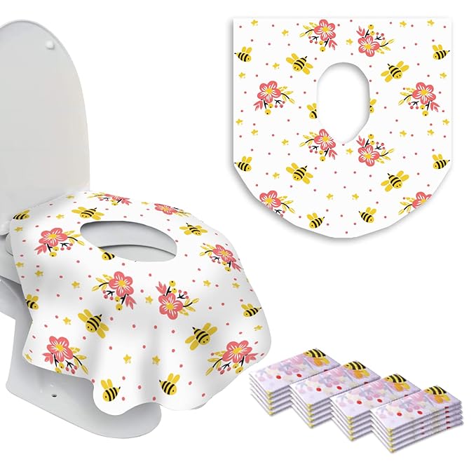 20 Extra Large Toilet Seat Covers Disposable for Kids & Adults-Toilet Covers Disposable for travel-Toddler Toilet Seat Cover Liners for Potty Training-Individually Wrapped-Waterproof (Bees)