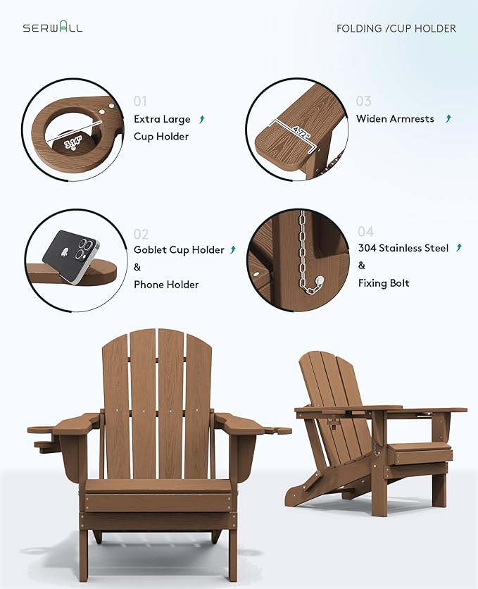 SERWALL Adirondack Chair with Cup Holders - Composite Adirondack Chairs Set of 6 HDPE Outdoor Chairs All Weather Use- Brown