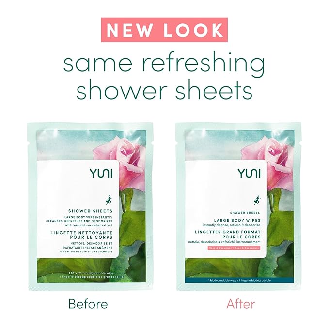 YUNI Beauty Large Body Wipes (Rose Cucumber, 12 Count) Soft Moist Showerless Wipe, Cleanse & Deodorize Waterless Travel Body Cleanser, Biodegradable Individually Wrapped Body Wipe for Camping or Gym