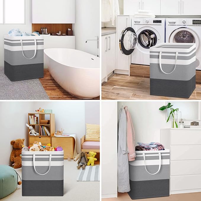 HomeHacks 2 Pack Large Laundry Baskets, Waterproof, Freestanding Laundry Hampers, Collapsible Clothes Hamper with Reinforced Handles in Laundry, College Dorm, Bathroom, Bedroom (Grey+Blue, 100Lx2)