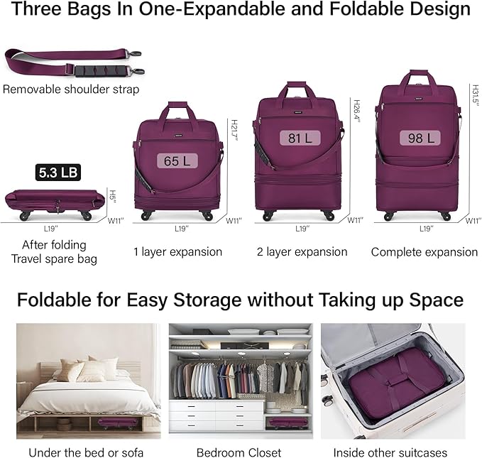 Hanke Suitcases with Wheels Expandable Foldable Luggage Bag Suitcase Collapsible Rolling Travel Bag Duffel Bag for Men Women Lightweight Suitcases without Telescoping Handle, Purple