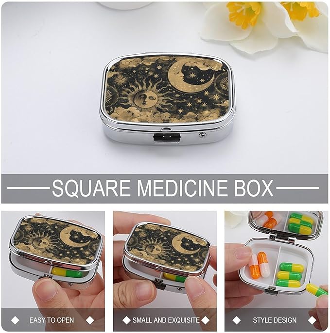 Metal 2 Compartment Pill Organizer Travel Friendly Portable Compact Pill Box Cute Pill Case,for Pocket Wallets Daily Portable Medicine Vitamin Tablet Storage (The Sun and The Moon)