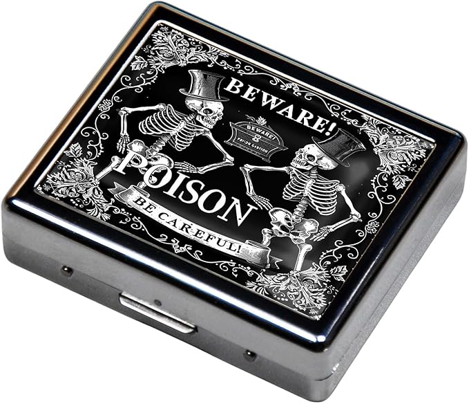 Cute and Portable Metal Pill Organizer – 8 Compartments, Elegant Chrome Finish, Ideal for Travel and Daily Use (Beware Poison Skeletons)