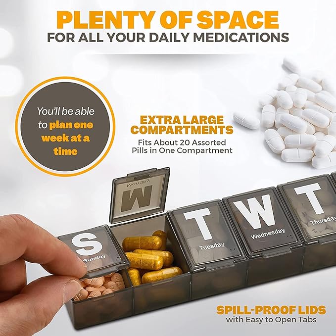 Weekly Pill Organizer - (Pack of 3) Extra Large Vitamin Container with Jumbo Easy to Read Letters, BPA Free - Daily Travel 7 Day Medication Pill Box Case, (Black)