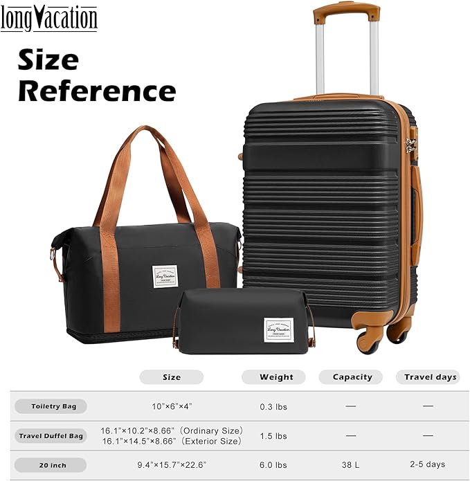 LONG VACATION 3 Piece Carry On Luggage 20 Inch Suitcase with Spinner Wheels, ABS+PC Hardshell Suitcase set with TSA Lock & YKK Zipper