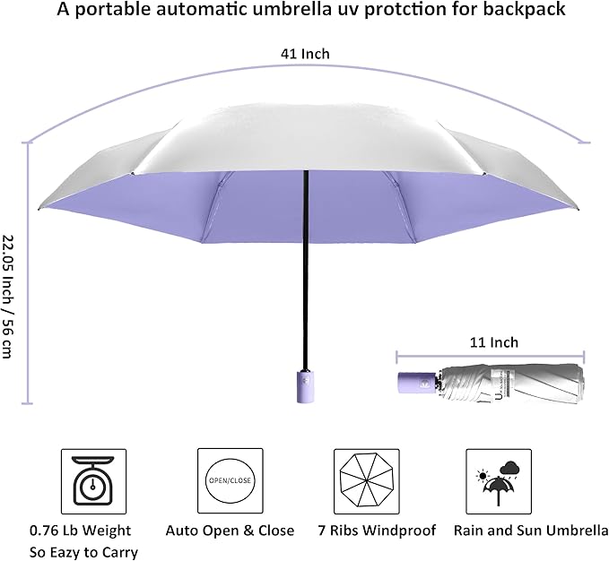BAODINI Small UV Protection Travel Umbrella Compact for Rain and Sun UPF 50+ 41 inch Portable Umbrella for Women and Men