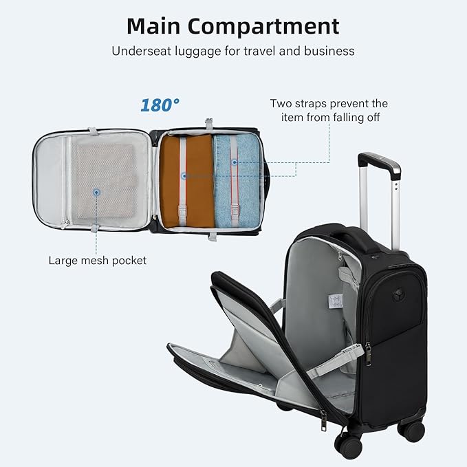 16 Inch Underseat Carry On Luggage with Wheels Softside Small Suitcases Personal Item Bag with Pocket Travel Luggage for Men Women Business Overnight Bag(Black)