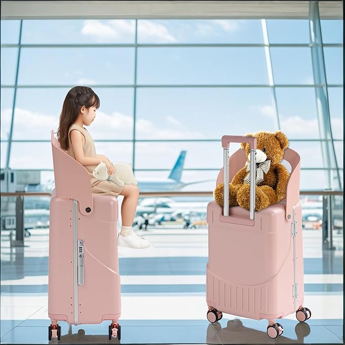 TABU 20" Ride-on Luggage with Seat For Kids & Adults，Carry On Hardshell Ride On Suitcase with 360° Lockable Spinner and TSA Lock, Pink