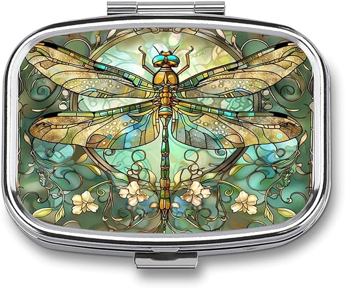 Metal 2 Compartment Pill Organizer Travel Friendly Portable Compact Pill Box Cute Pill Case to Hold Vitamins,Fish Oil,Supplements,Meds,Tablet for Purse,Pocket. (Dragonfly)