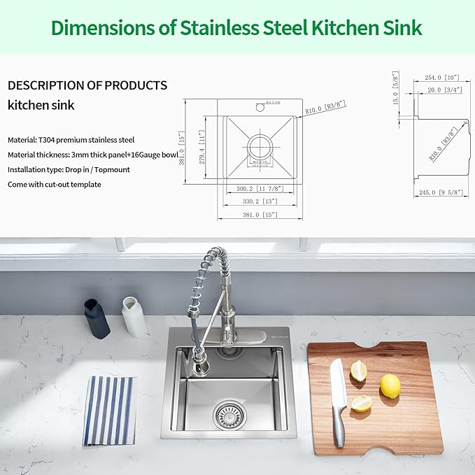 Kitchen Sink, 15 x 15 x 10 inch Small Bar Prep Sink 16 Gauge Stainless Steel Drop Single Bowl Workstation with Cutting Board