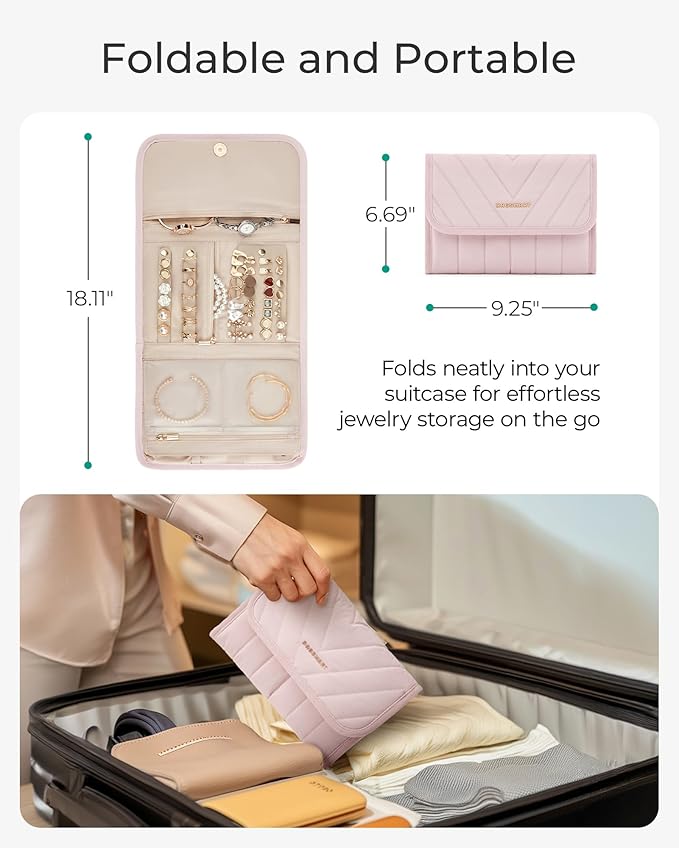 BAGSMART Travel Jewelry Organizer Case, Foldable Jewelry Roll for Necklaces, Earrings, Journey-Rings, Bracelets, Brooches, Portable, Khaki