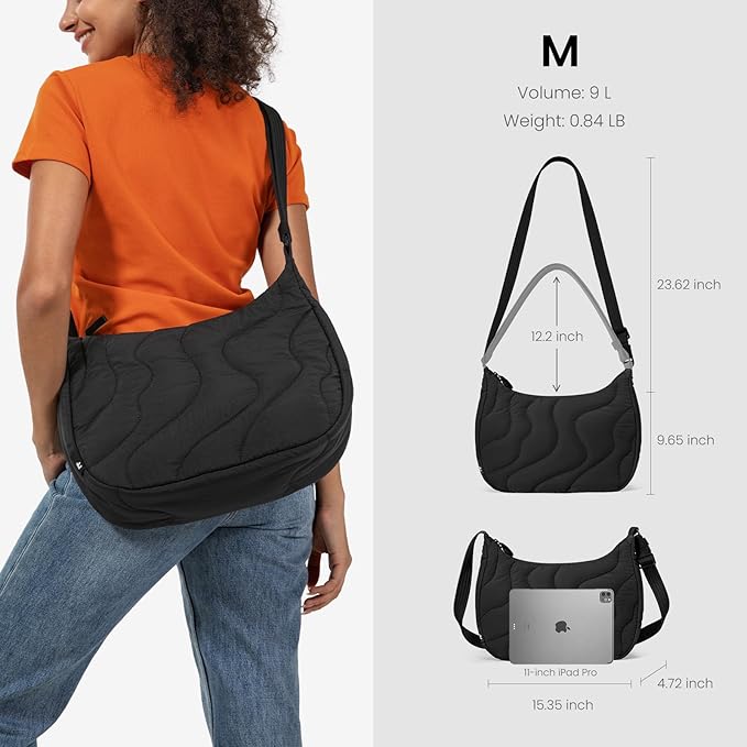 tomtoc 9L Puffer Sling Crossbody Bag for Women Trendy, Nylon Quilted Crescent Shoulder Bag Purses for 11-inch iPad Air/Pro & Nintendo Switch 2, Puffy Travel Hobo Handbag with Organized Inner Pockets