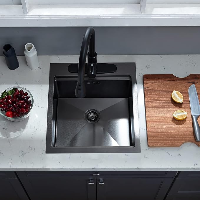 Kitchen Sink, 17 x 19 Inch Drop in Bar Sink Gunmetal Black Stainless Steel Workstation Sink Topmount Kitchen Sink Single Bowl with Cutting Board