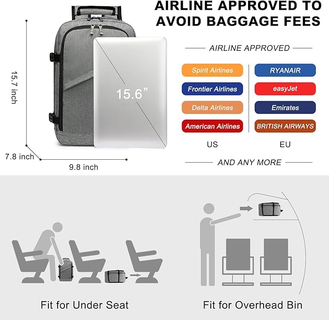 Kono Carry on Backpack, 16" Airplane Approved Under Seat Travel Backpack for Men and Women, Waterproof Lightweight Daypack for Flight 20L (Grey, Small)