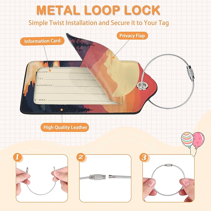 Vintage Mountain Flow 3 Pack Luggage Tags for Suitcases, Sunset Range PU Leather Luggage Tag for Travel, Bag Tags with Privacy Name ID Card and Steel Loop for Women Men