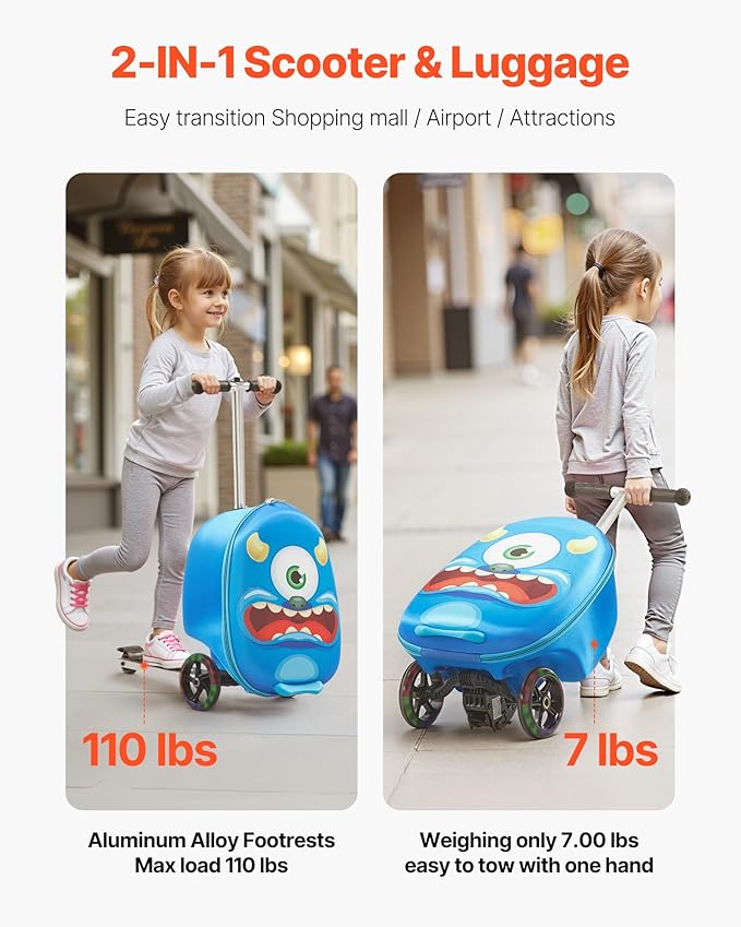 VEVOR Ride-on Luggage, 20 L Capacity, 20 Inches Kids Scooter Suitcase with Flash PU Wheels, Adjustable Handle & TPR Non-Slip Grip, Foldable & Lightweight Scooter Luggage for Kids Aged 5+, Blue