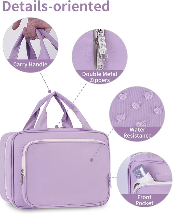 Travel Toiletry Bag for Women Large Hanging Makeup Bag Organizer Toiletries Bag for Full Size Essentials Accessories Cosmetics (Purple (Large))