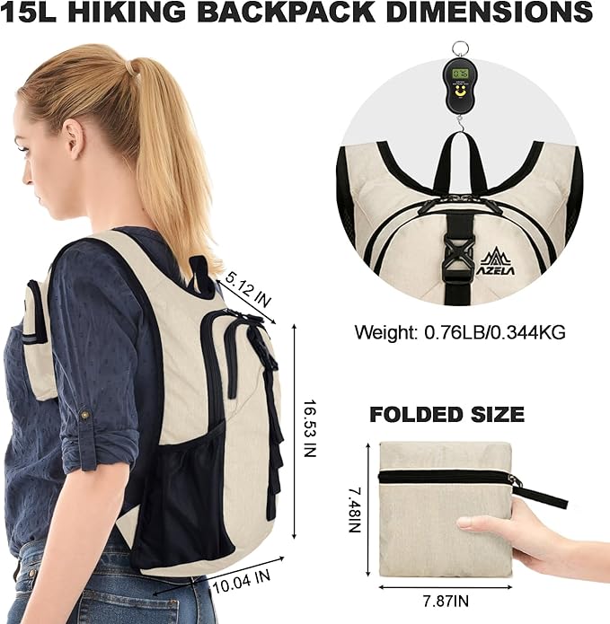 Seektop 15L Small Hiking Backpack for Women Men, Foldable Packable Backpack with Phone Pocket, Lightweight Travel Daypack for Hiking Camping Outdoor (Beige)