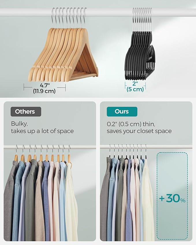 SONGMICS 50 Pack Coat Hangers, Heavy-Duty Plastic Suit Hangers, S-Shaped Opening, Space-Saving, 360º Swivel Hook, 16.3 Inches Wide, Ink Black UCRP41BK-50