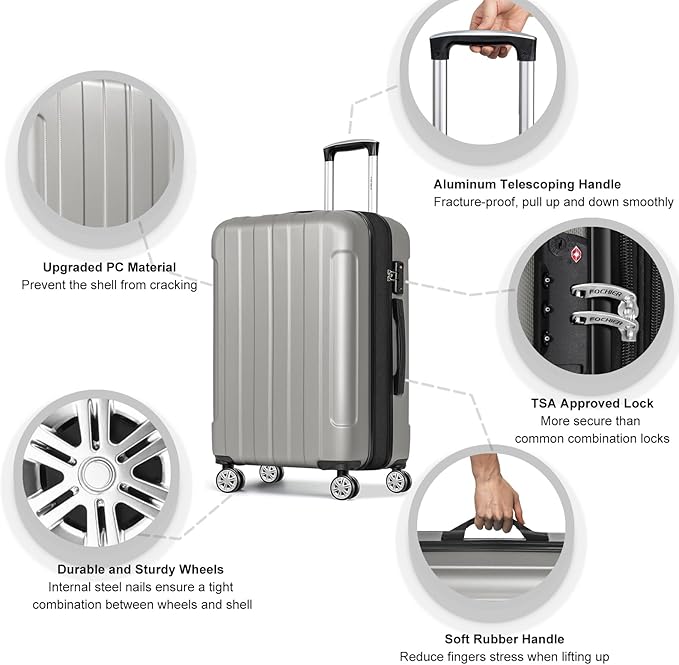 FOCHIER F Luggage Sets, Expandable 3 piece Hard Shell Luggage Set with TSA Lock, PC+ABS Hardside Travel Suitcase with Wheels for Women Men 20 24 28 Inch (Grey)