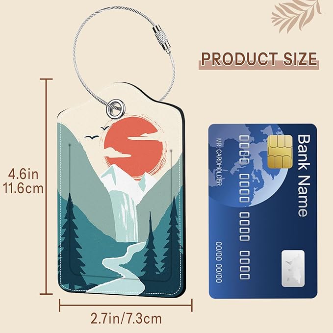 2 Pcs Mountain Sun Luggage Tags for Suitcases Men, Leather Luggage Tags for Men, Privacy Cover ID Label with Stainless Steel Loop & Address Card, Fun Travel Bag Tags Luggage Accessories for Suitcases