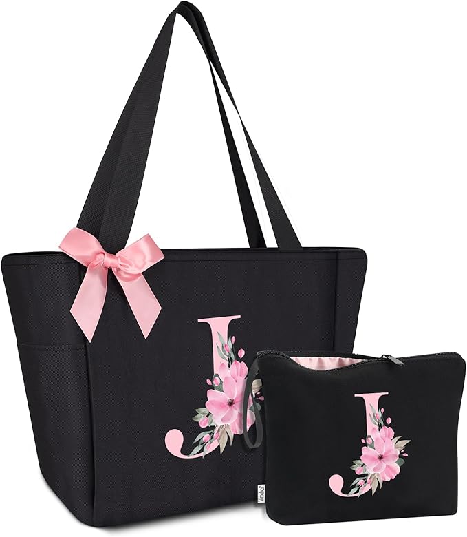 Vavabox Tote Bag, A-Z Initial Monogrammed Waterproof Tote Bag, Bridesmaid Gifts for Women, Black and Pink