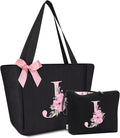 Vavabox Tote Bag, A-Z Initial Monogrammed Waterproof Tote Bag, Bridesmaid Gifts for Women, Black and Pink