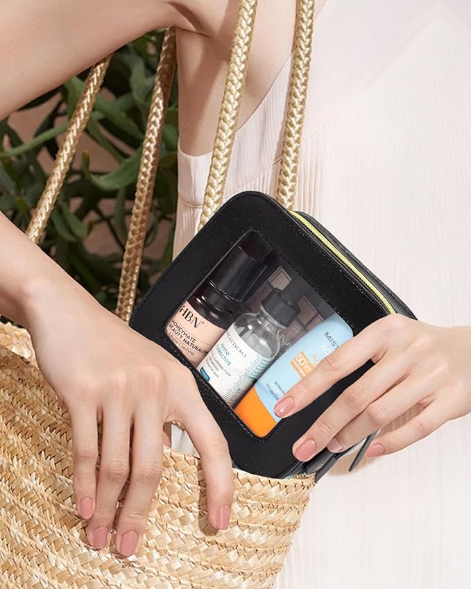2 Pcs Clear Makup Bag Set, Clear Cosmetic Bags with Zipper Waterproof Small Travel Cosmetic Case Cute Make Up Pouch Mini Car Essentials for Women Travel Car Organizer (Mini Black)
