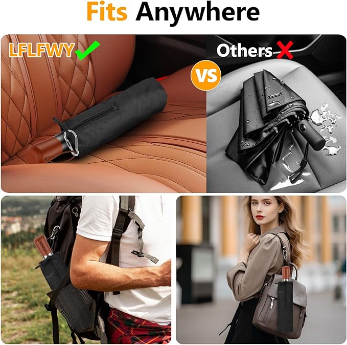 3T Wind Armor Travel Umbrella Compact Easy Auto Open Close Folding Umbrellas for Rain Windproof Umbrella for Women and Men Durable Real Wood Handle Portable Fits Backpack Car