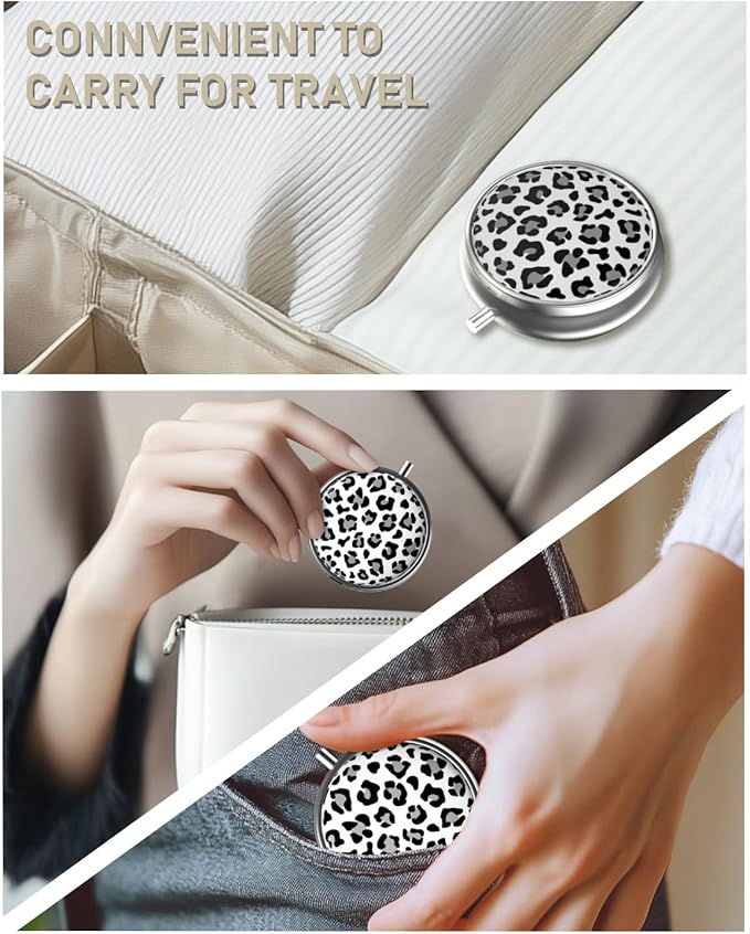 Pill Box, 3 Compartment Portable Travel Medicine Box with Mirror, Compact and Cute, Fits in Purse and Pocket, Medicine and Vitamin Organizer (Snow Leopard)