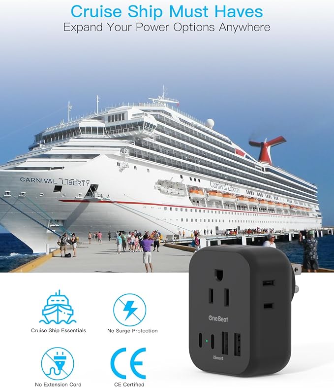 Travel Cruise Ship Essentials, Travel Plug Adapter with 4 Outlets 4 USB (4 USB-C), Cruise Approved Power Strip Non Surge Protector, Multi Plug Wall Outlet Extender, Travel Cruise Must Have Accessories