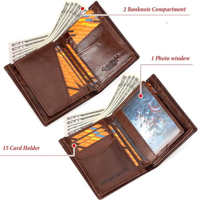 Holder for AirTag Men's Wallet Genuine Leather Purse RFID Blocking Bifold with Anti-Theft Chain,Brown with Gift Box (Brown)