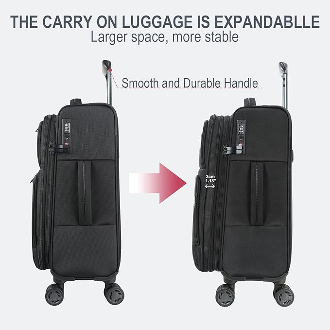 KROSER Softside Expandable Carry On Luggage with Spinner Wheels & Built-in TSA Lock, Durable Suitcase Rolling Luggage with USB Port, Carry-On 20-Inch, Black