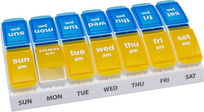 EZY DOSE Weekly AM/PM Pill Organizer, 7-Day Vitamin and Medication Box with Large Pop-Out Compartments, 2 Times a Day Pill Holder for Easy Dosing, Yellow and Blue Lids, Travel-Friendly Design